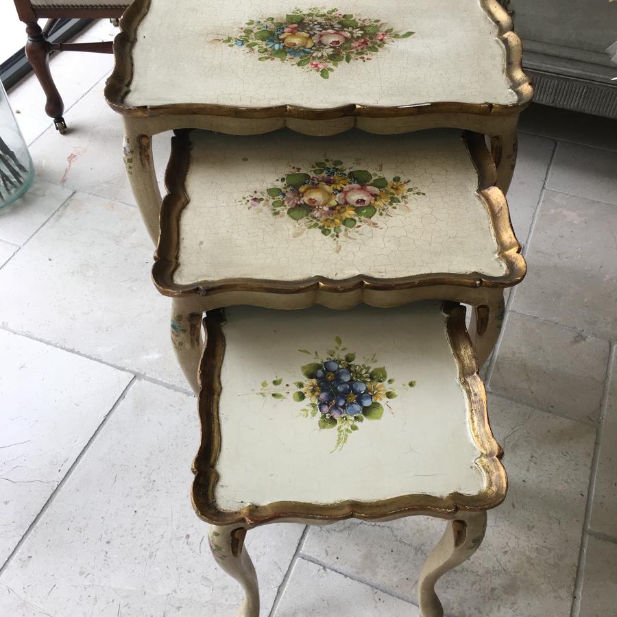 Set of three painted wooden tables