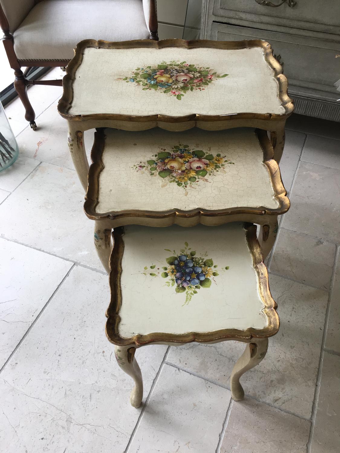 Set of three painted wooden tables