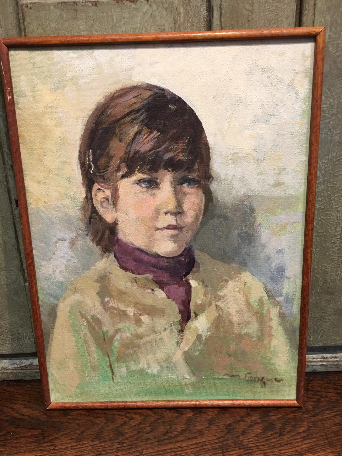 Framed oil painting of child