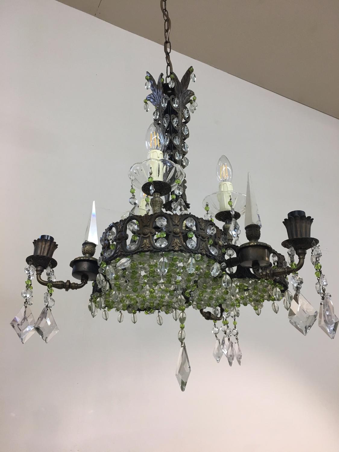Green and clear glass chandelier c 1920