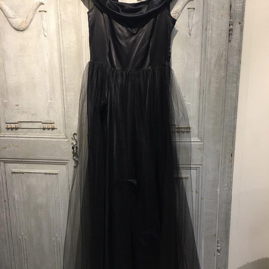 Vintage black satin and net evening dress