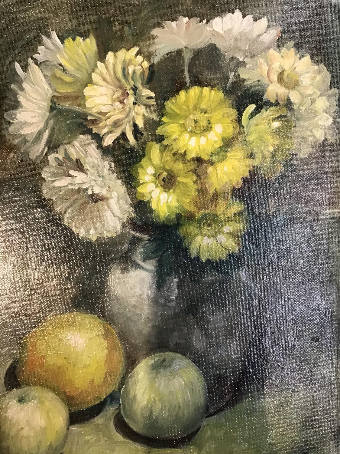 Oil on board flowers and fruit