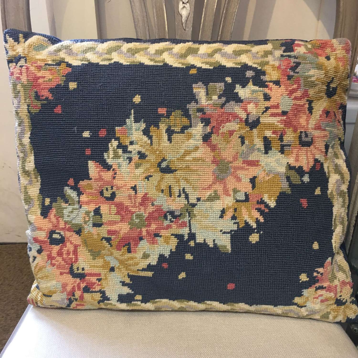 Blue floral tapestry cushion