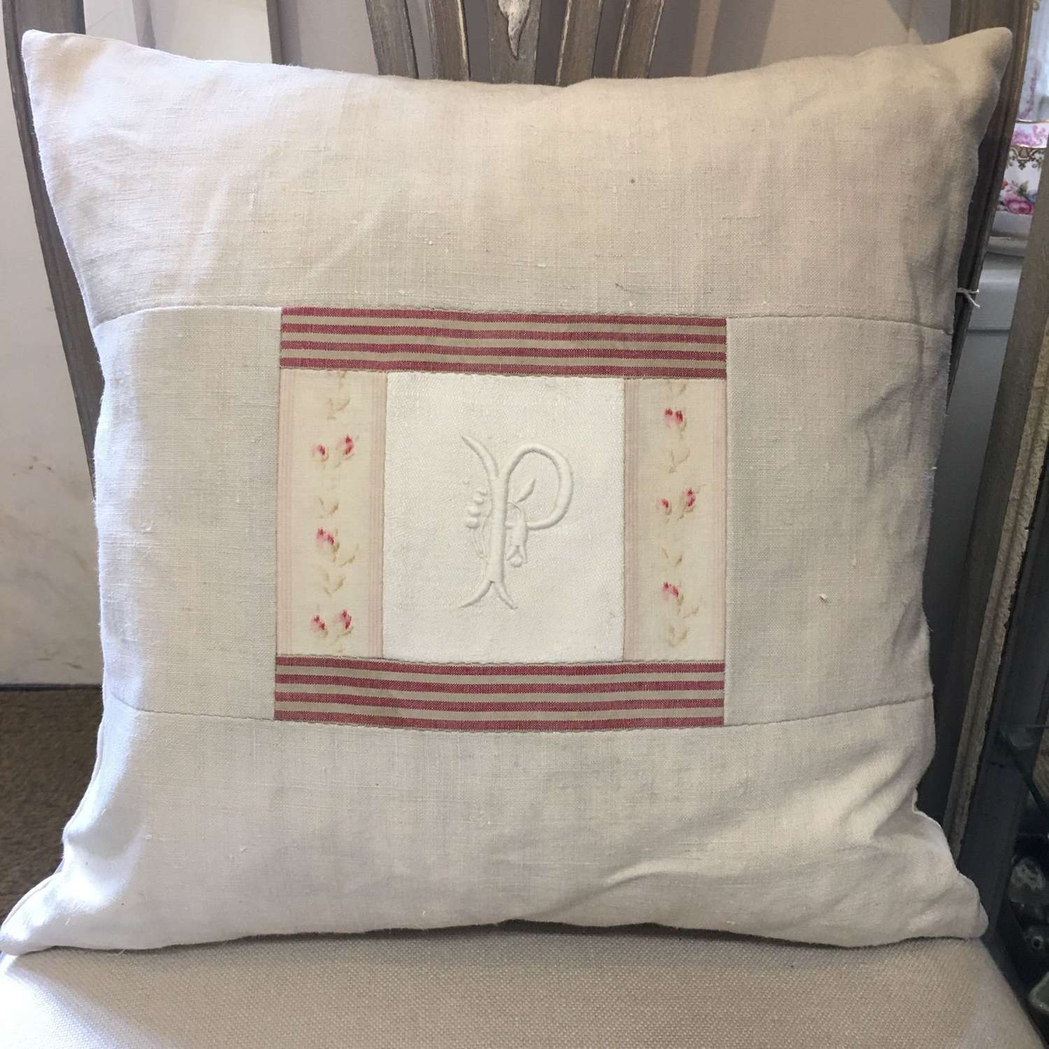 Vintage linen monogrammed “P” cushion