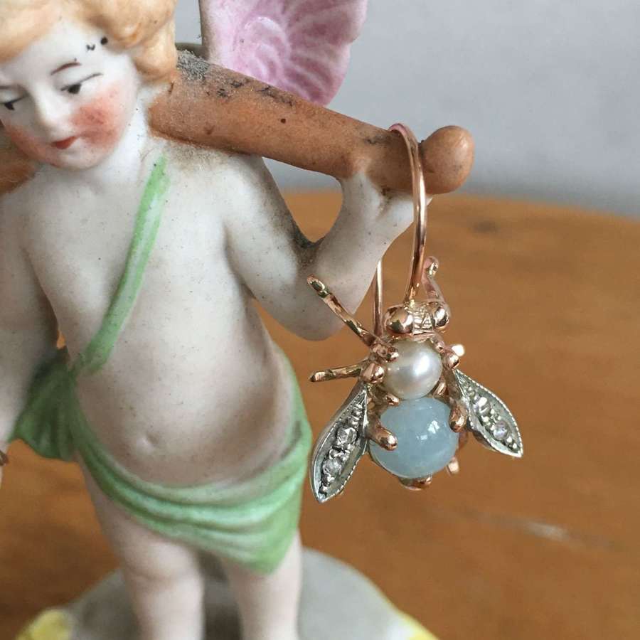 Rose gold bee earrings with aquamarine, pearls and diamonds