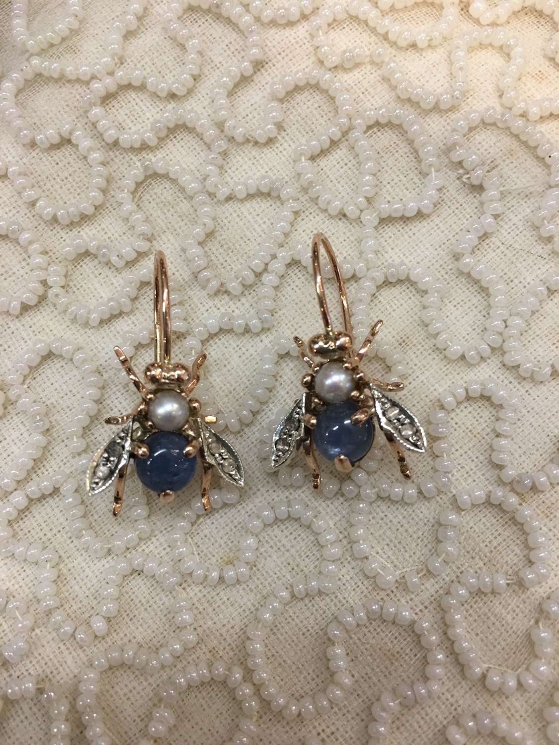 Rose gold bee earrings with pearls, kyanites and diamonds