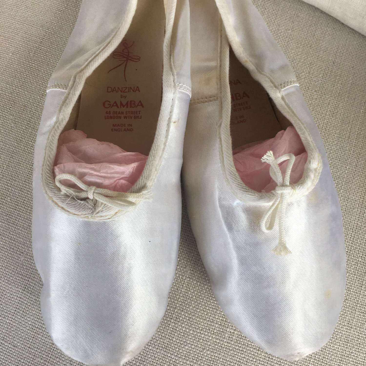 White satin leather soles ballet shoes by Gamba, London