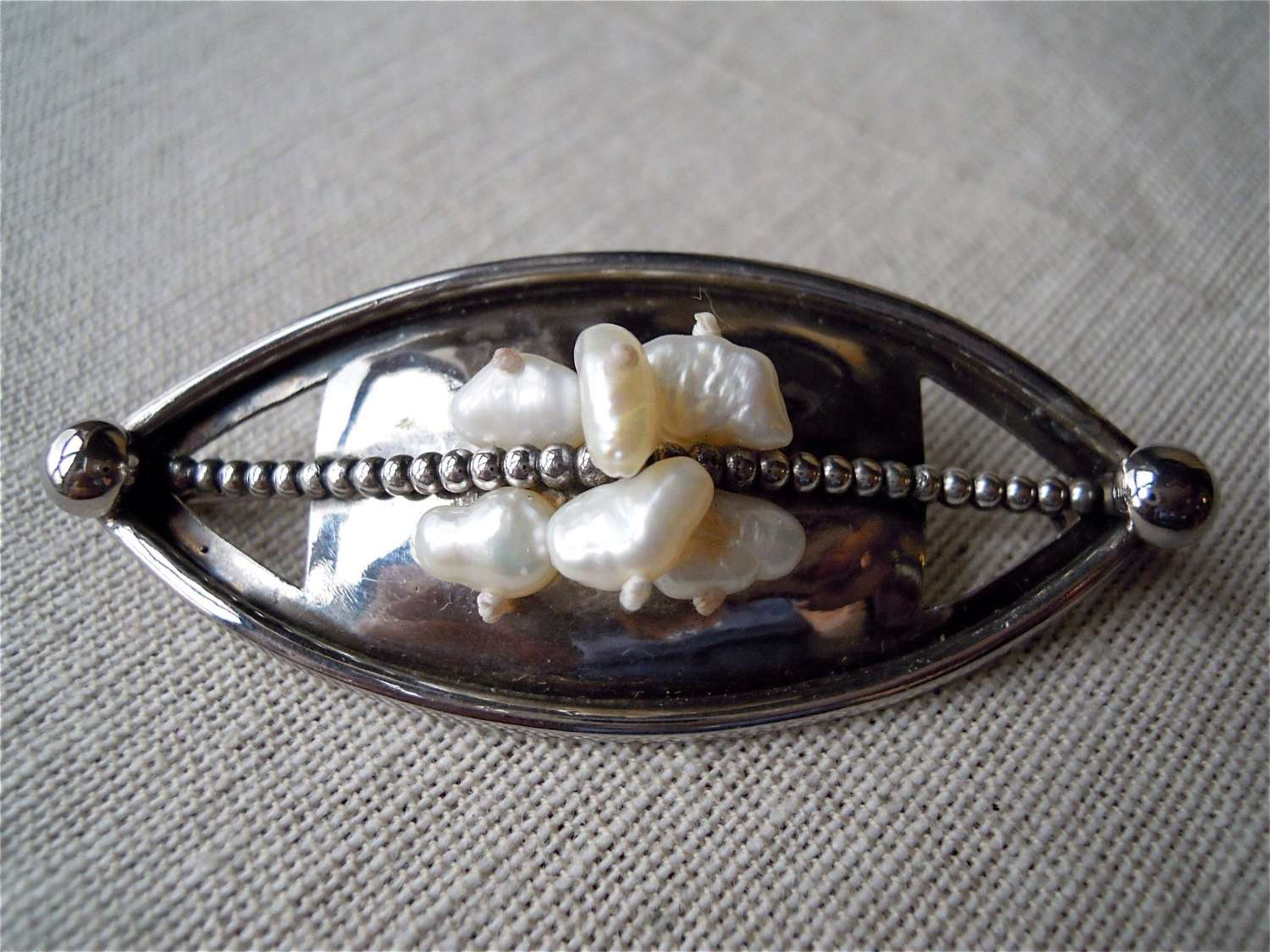 Silver and pearl brooch handcrafted