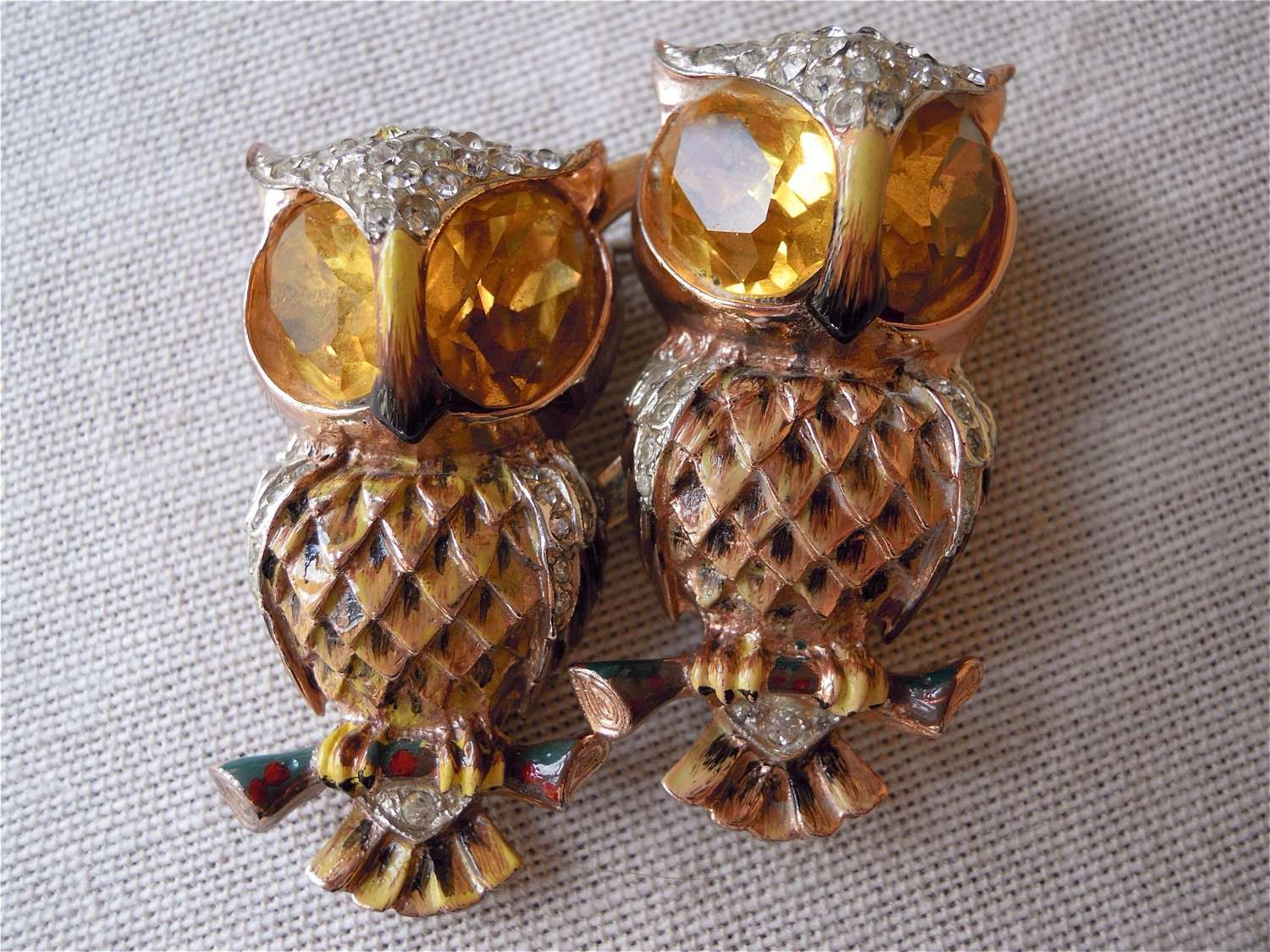 Vintage Corocraft vermeil owl brooch/dress clips and earrings