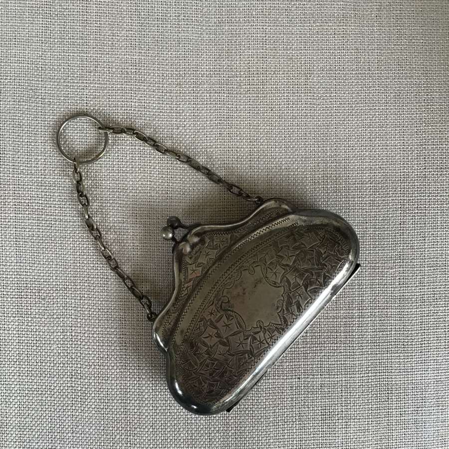 Antique silver plated purse with blue silk lining