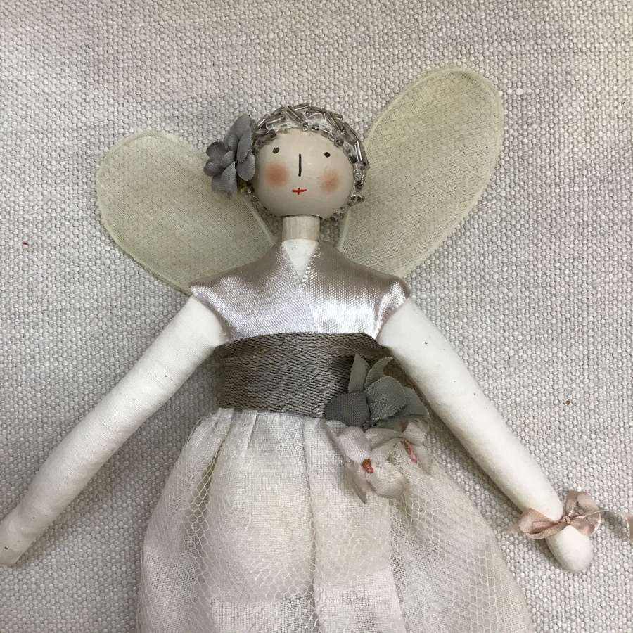 Hand crafted cloth fairy doll with vintage fabrics and trims