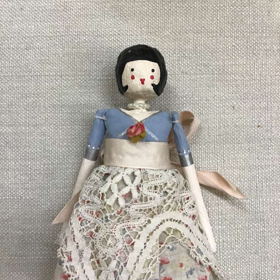 Hand crafted paper clay doll made with vintage fabric and trims