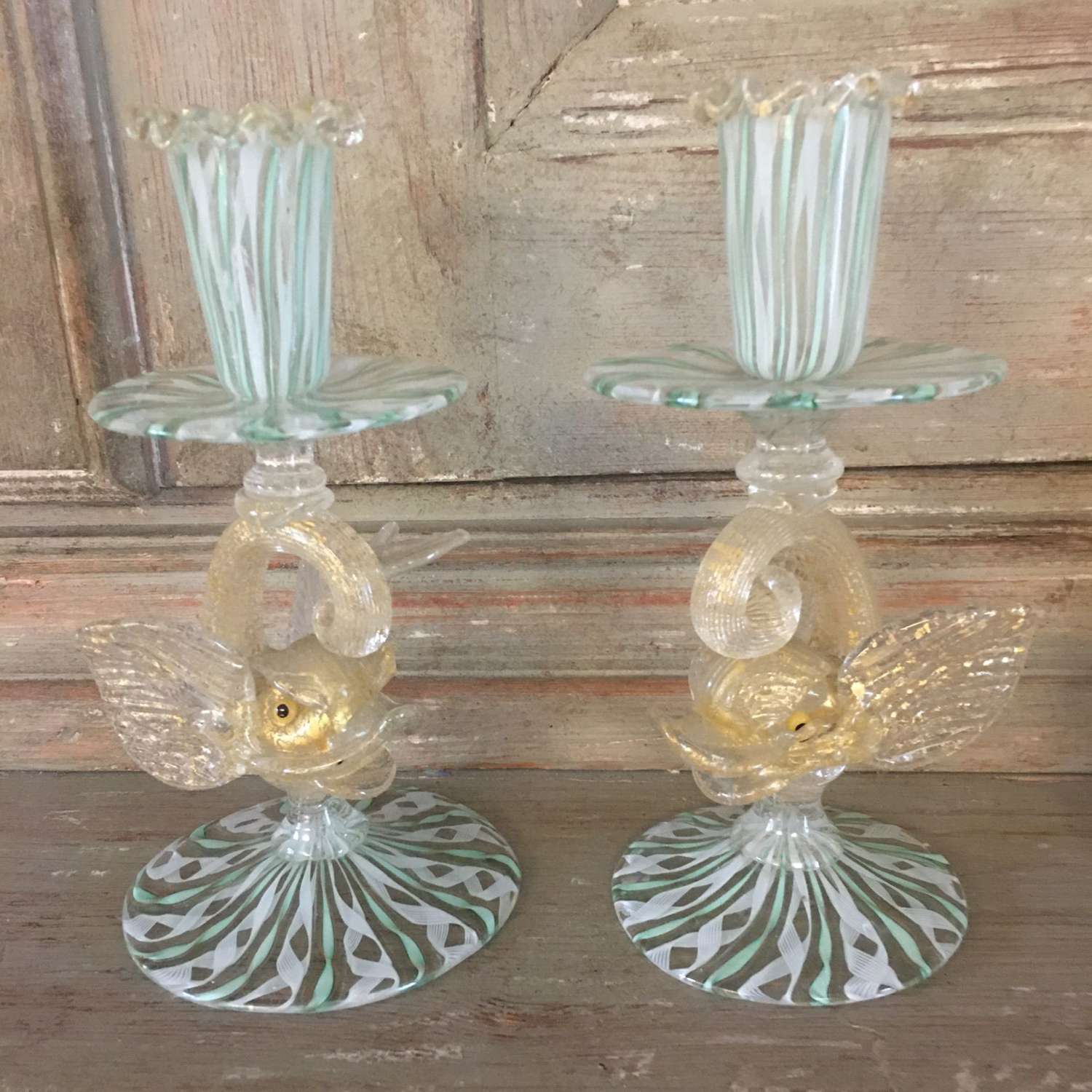 A pair of Venetian Murano glass stylised dolphin candlesticks 1930/50s
