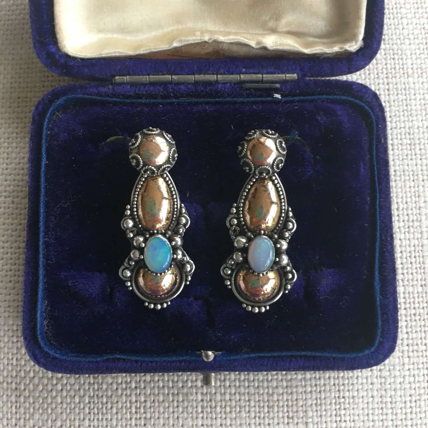 Vintage silver &  22ct rose gold and opal drop earrings