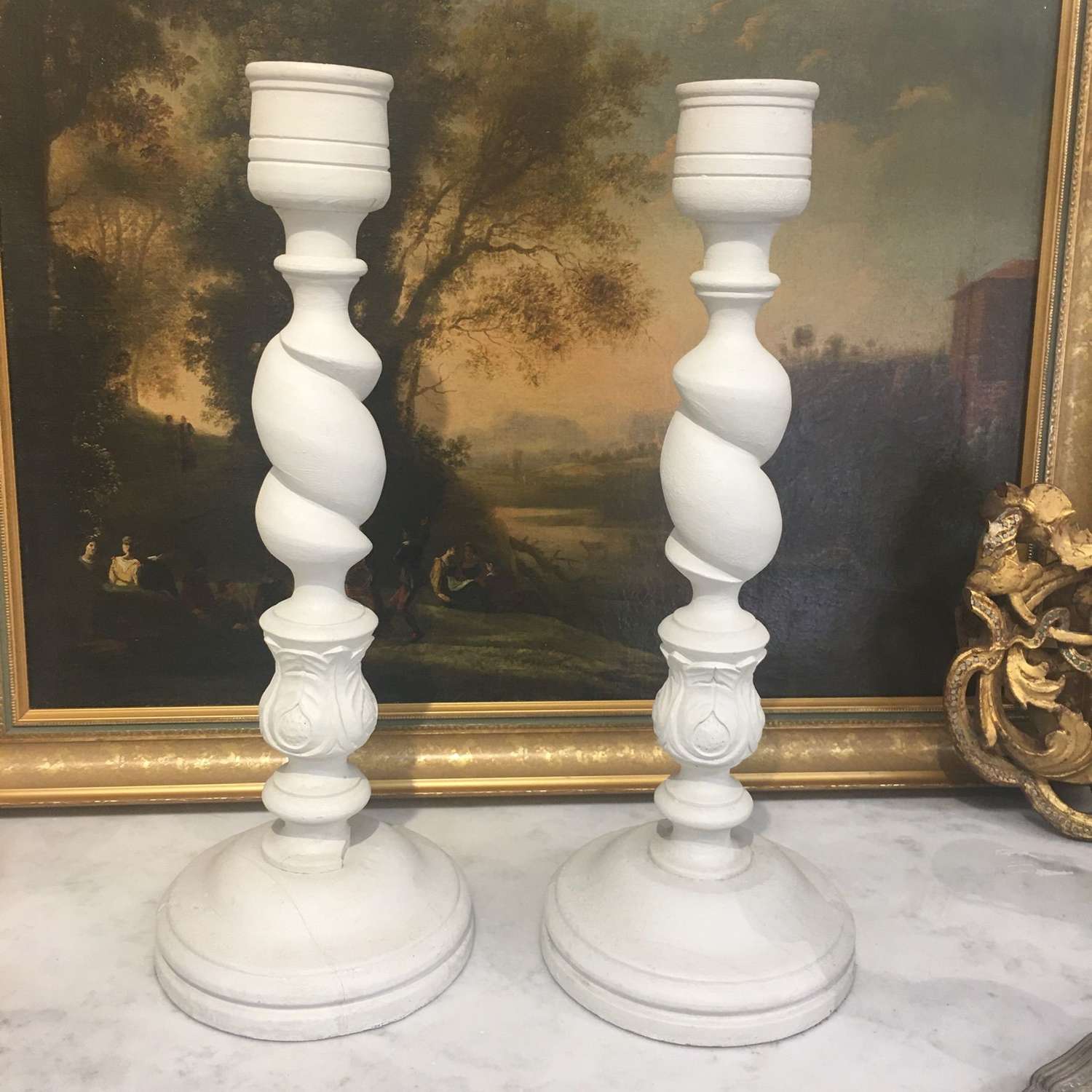 Pair of tall Victorian painted wooden candlesticks