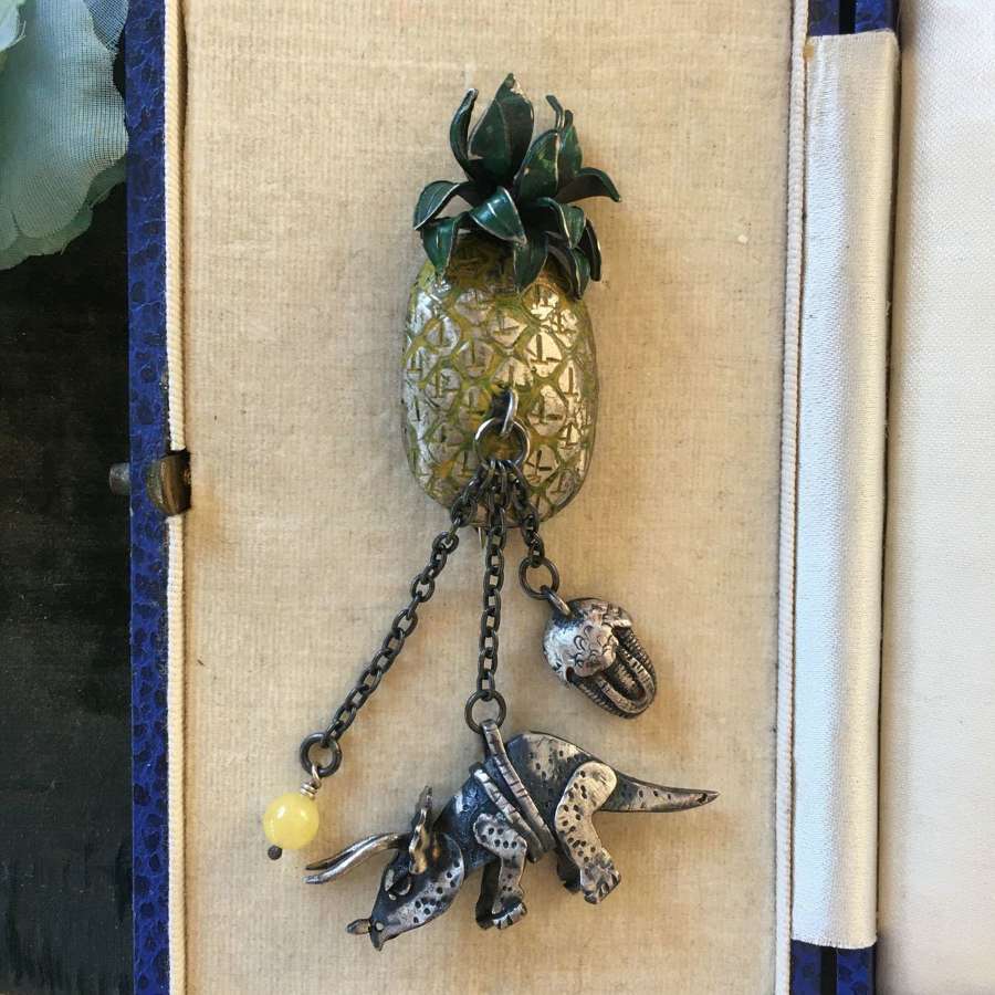 Carol Mather silver pineapple & dinosaur brooch 1996