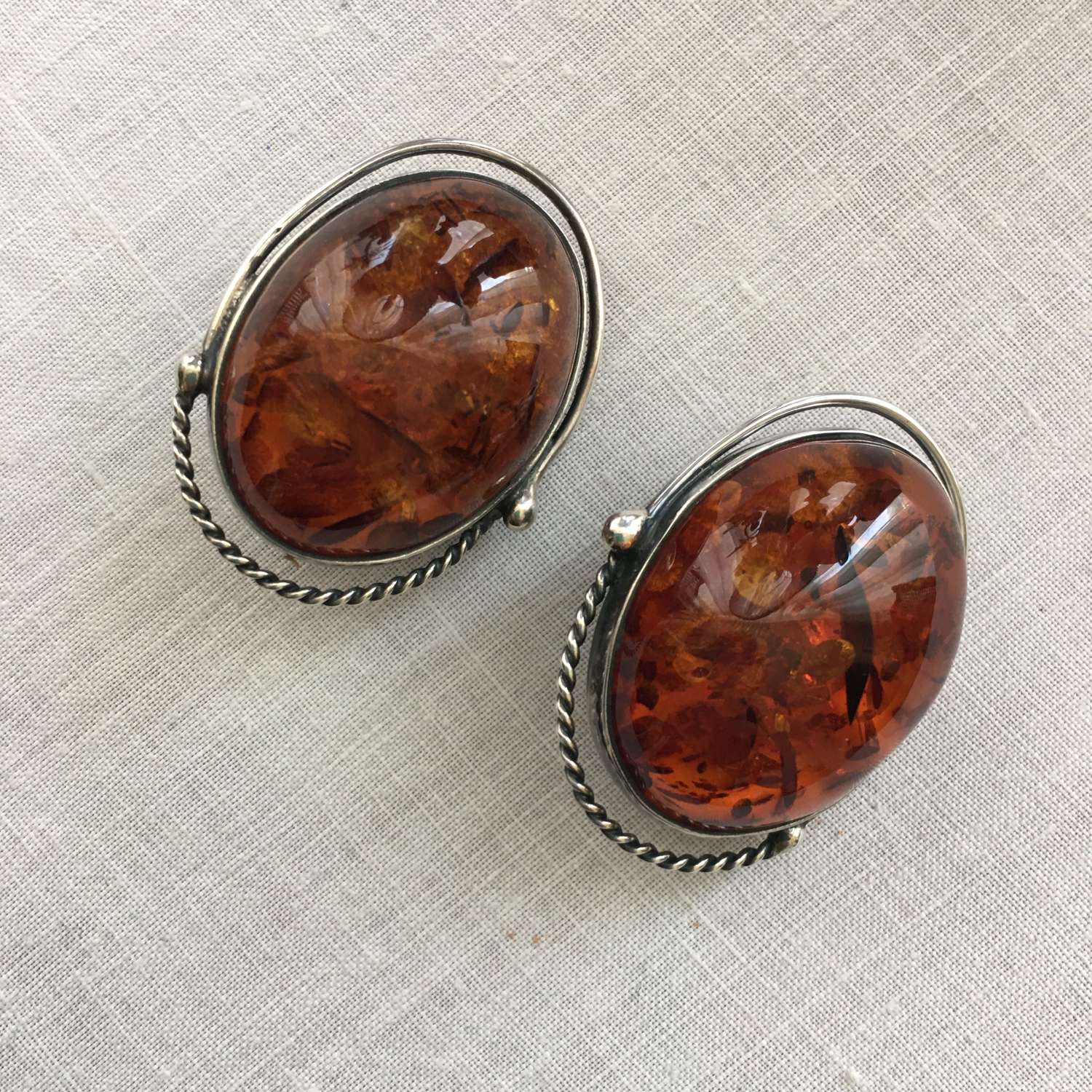 Vintage large silver and amber clip earrings