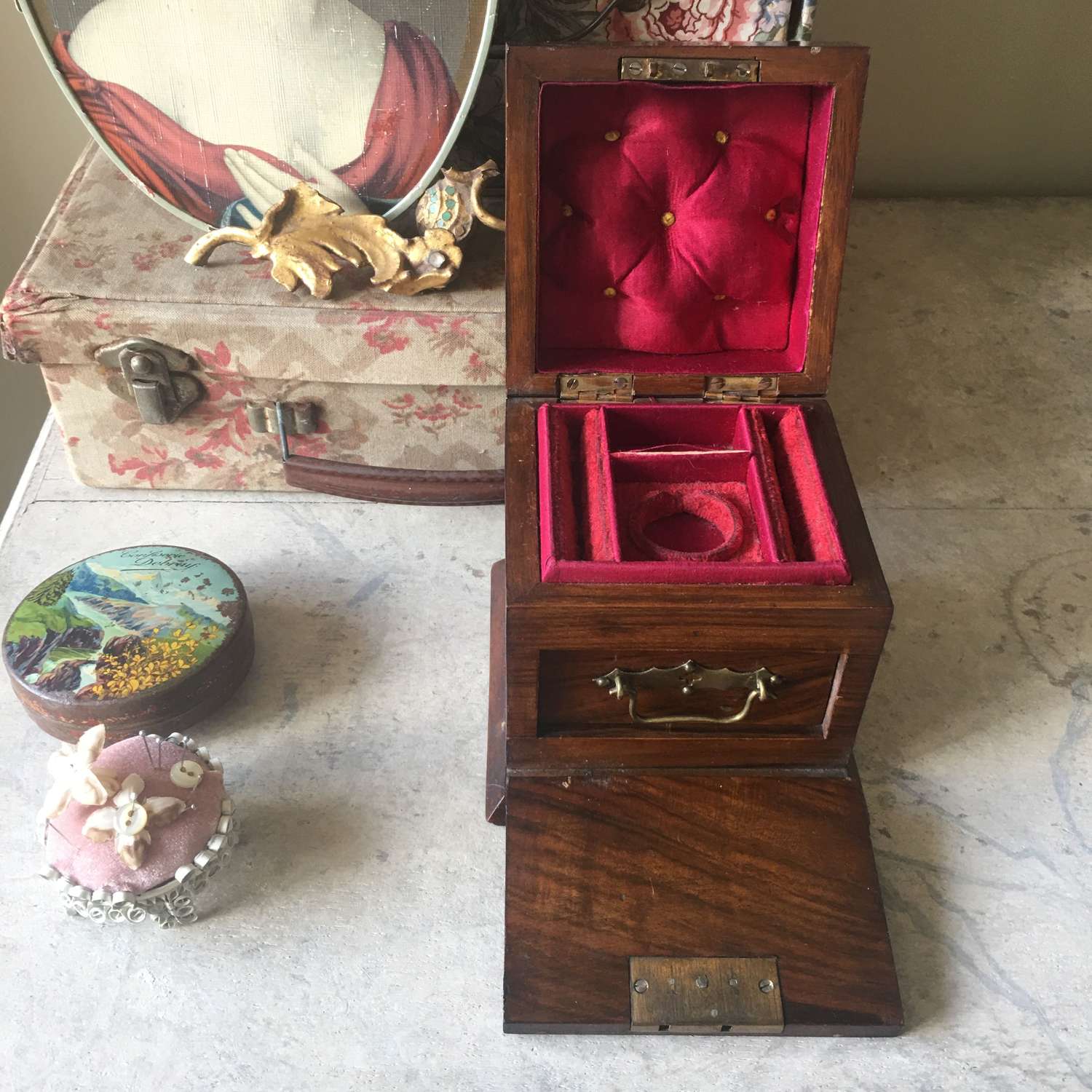 Antique walnut silk lined jewellery box