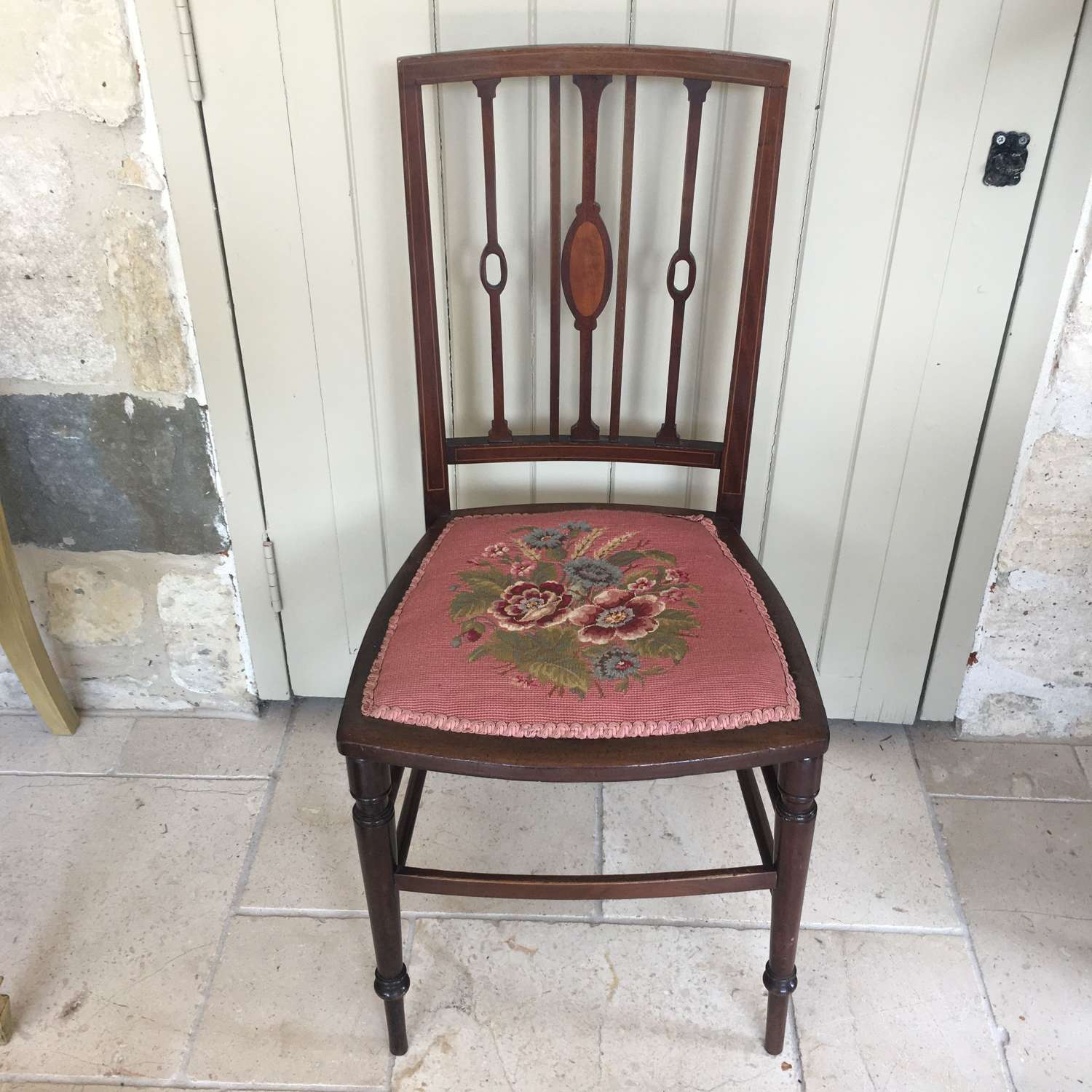 Edwardian inlaid chair with tapestry seat
