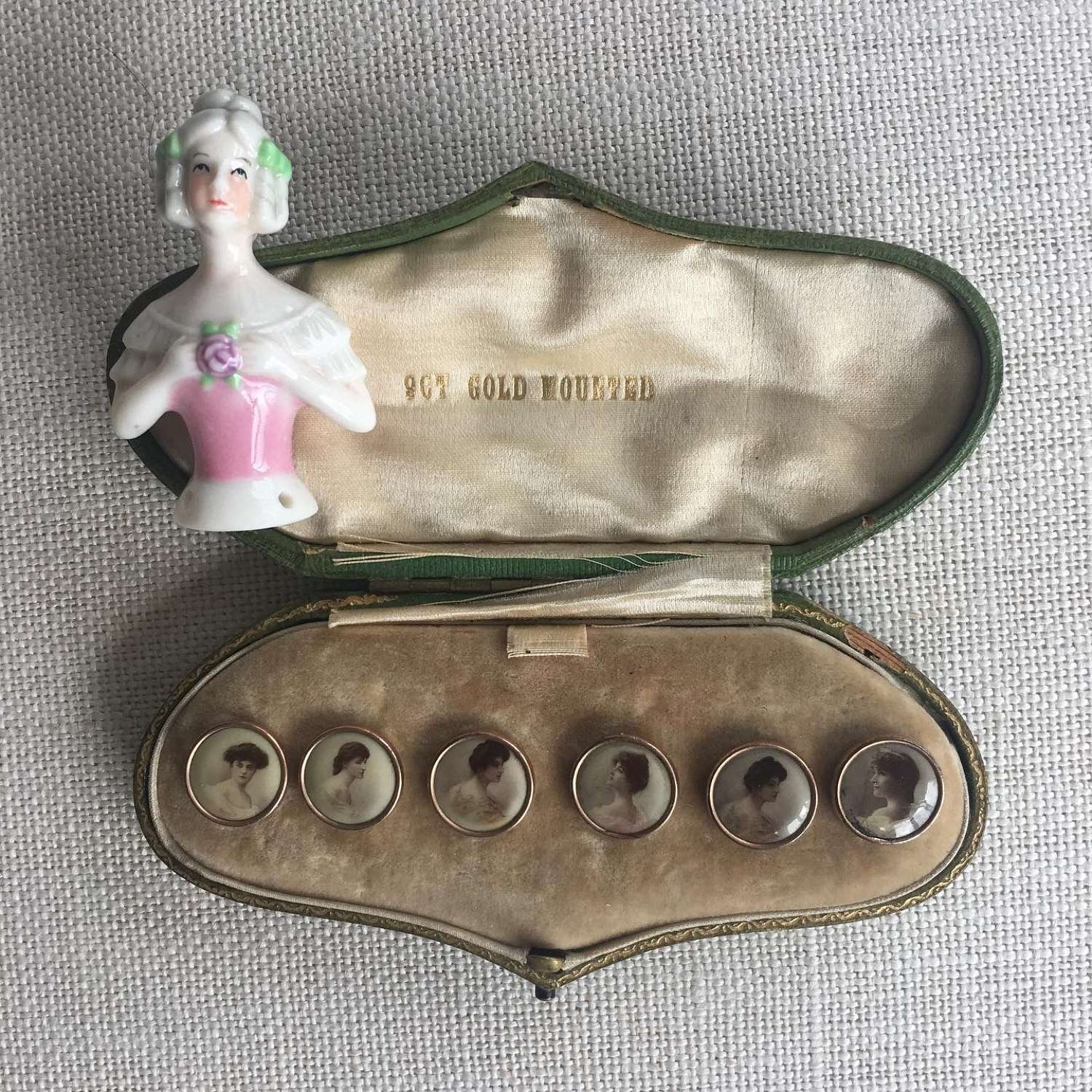 Edwardian gold mounted buttons depicting ladies