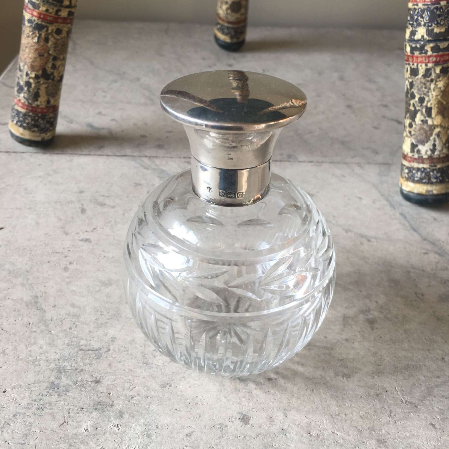 H/M 1927 silver topped crystal glass scent bottle