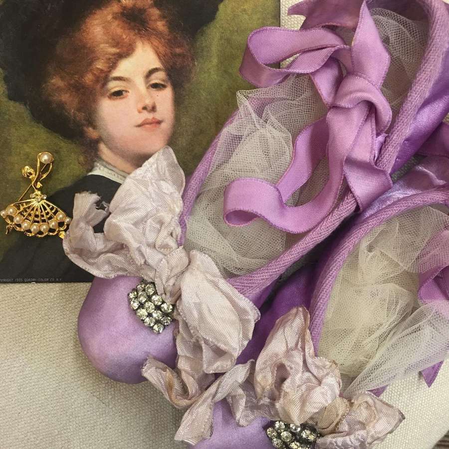 Pale lilac ballet shoes with vintage paste trims and hand dyed ribbons