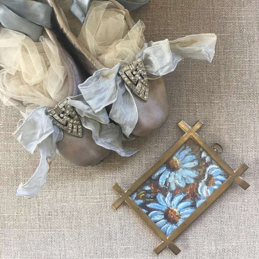 Pale blue/grey ballet pointes with vintage Art deco paste dress clips