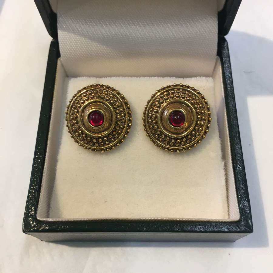 1928 vintage round stud earrings with red glass centre stone