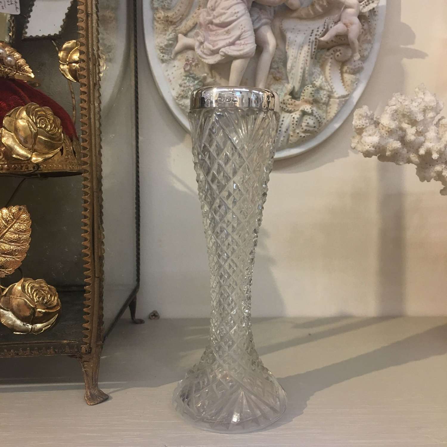 Victorian silver topped cut glass vase Birmingham hallmark 1899