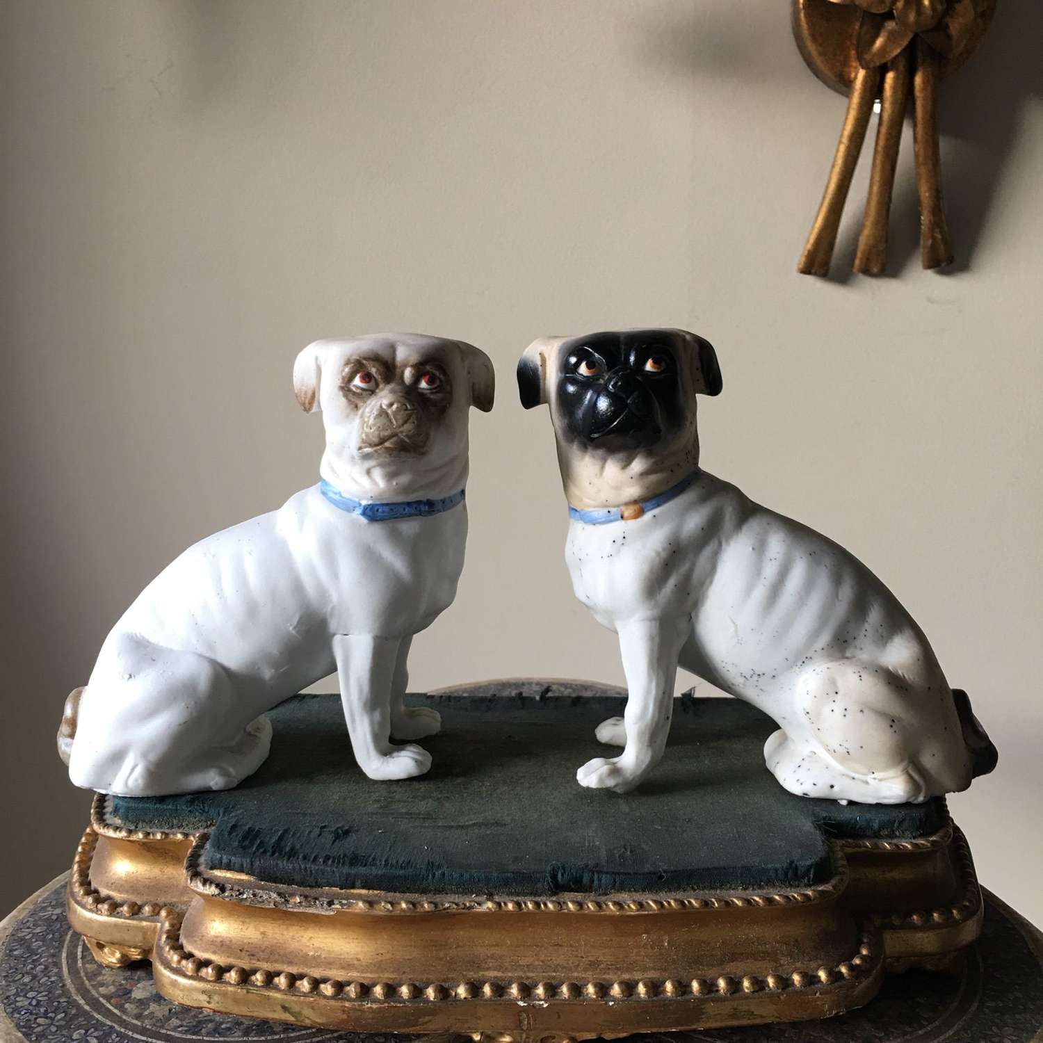 Pair of antique bisque pug ornaments