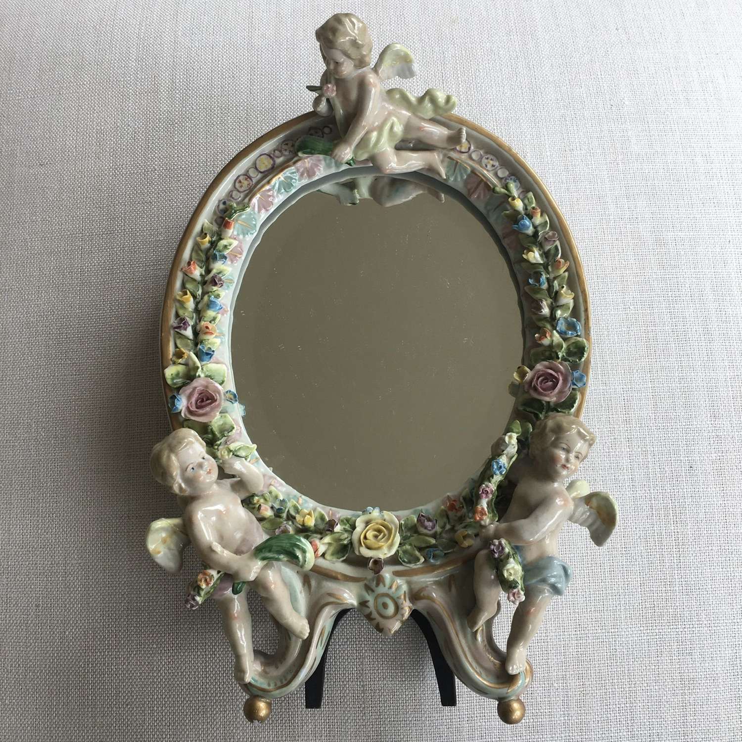 Antique Sitzendorf porcelain cherub mirror