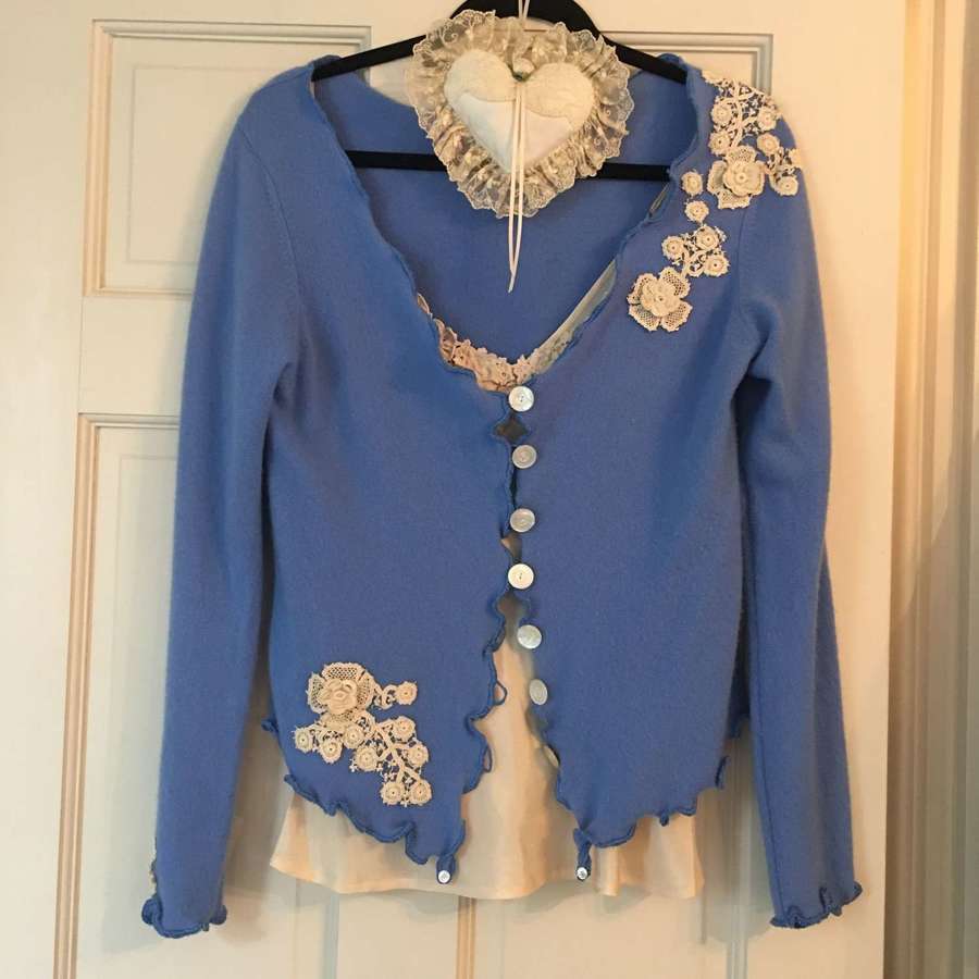 Cashmere cardigan embellished with antique lace and mother of pearl