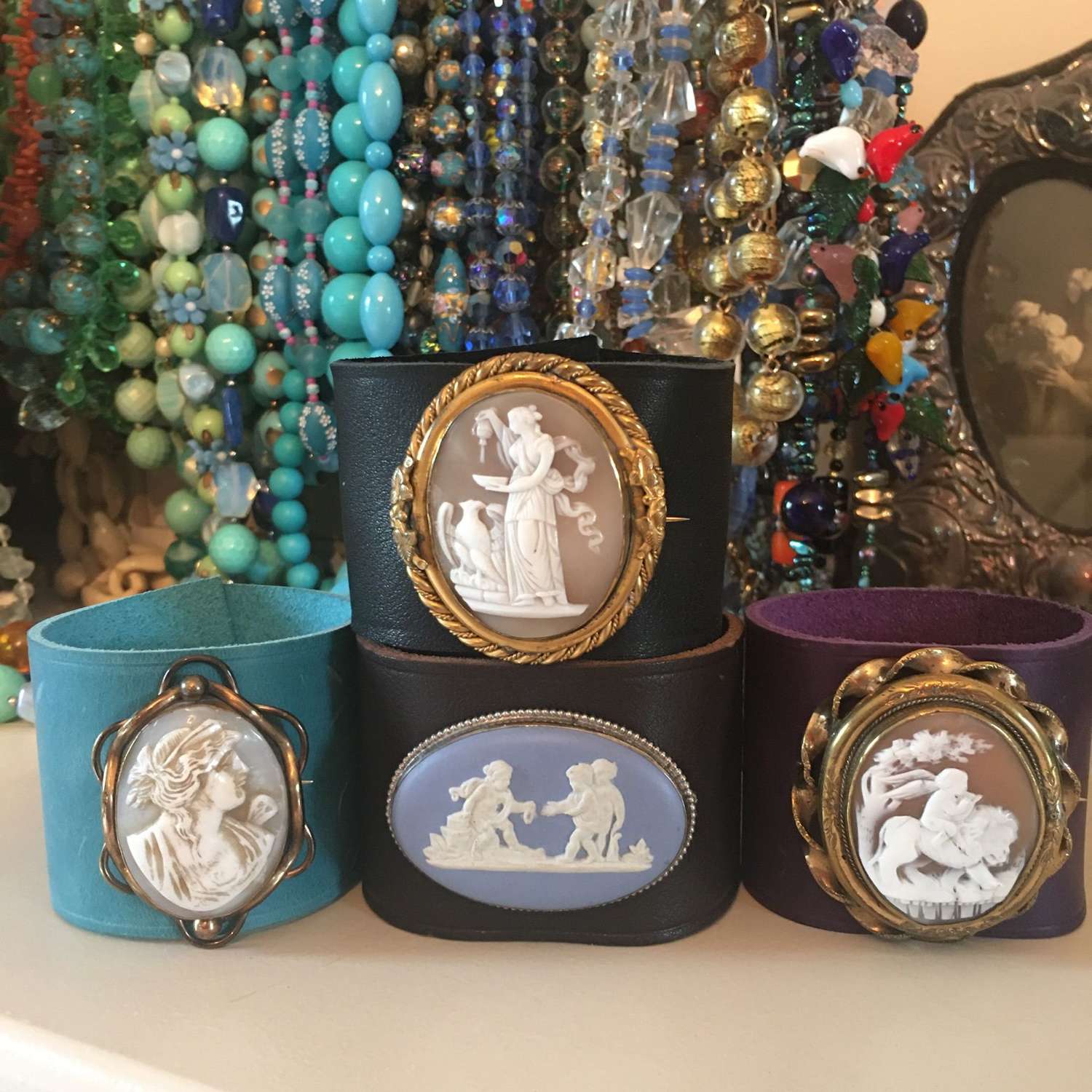 Antique and vintage cameos on leather bracelets