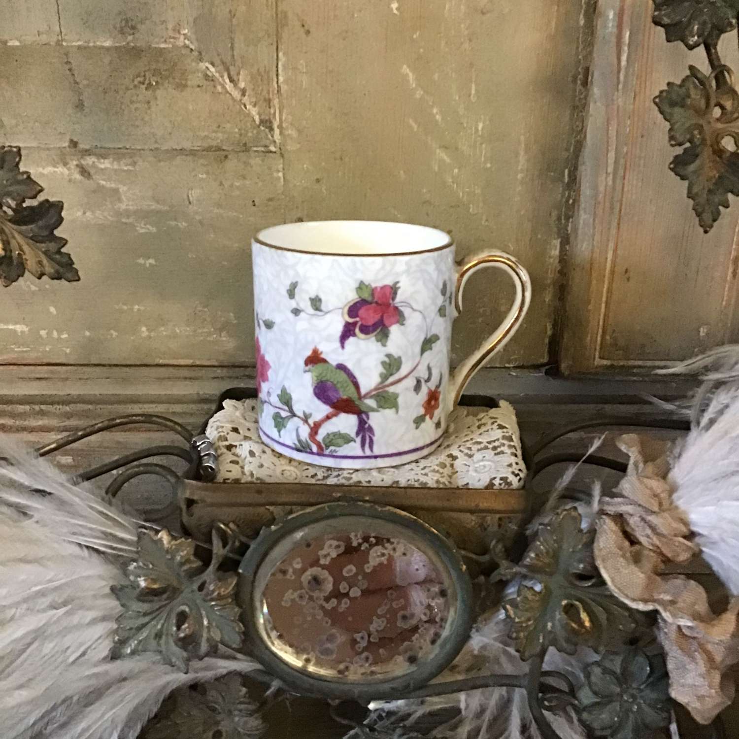 Antique Crown Staffordshire exotic birds coffee can