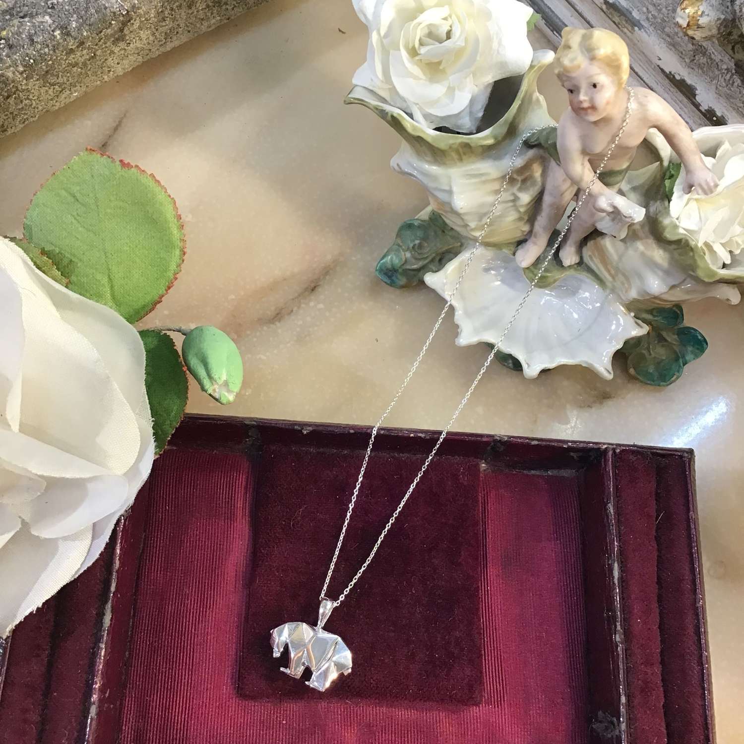 Solid silver origami polar bear necklace