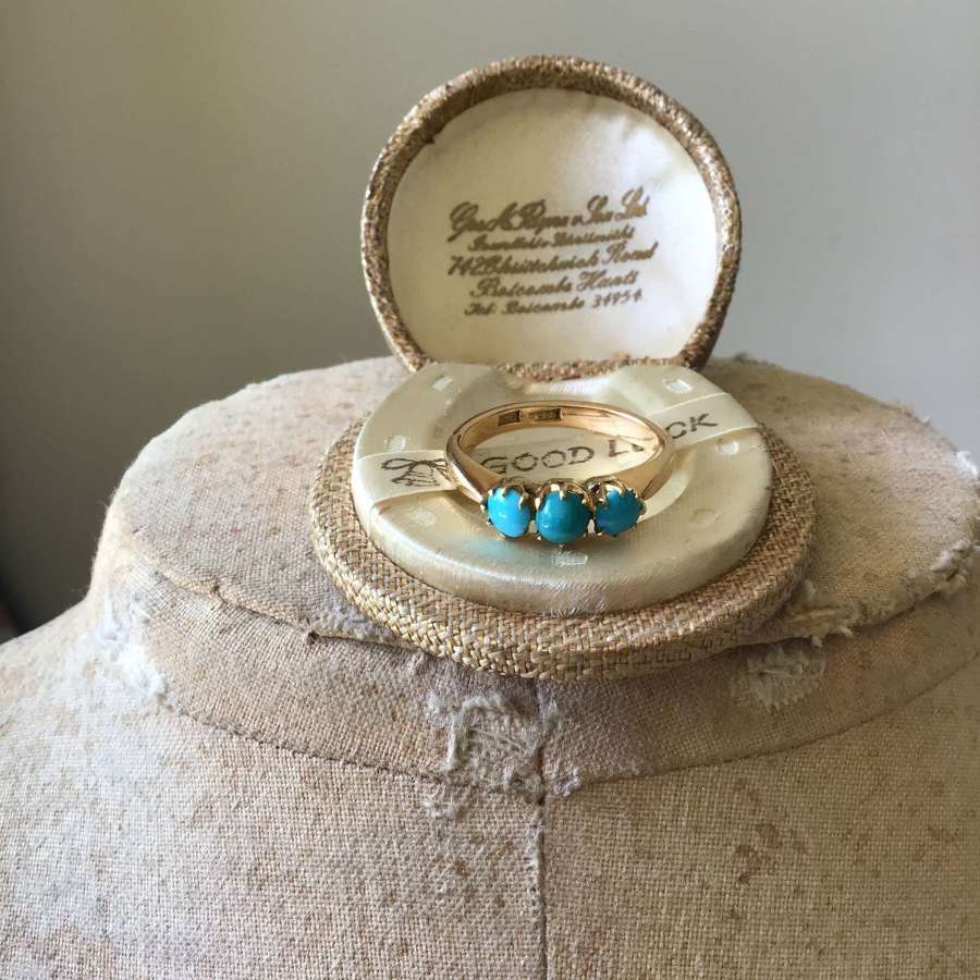 Antique 18ct gold three turquoise ring c 1905