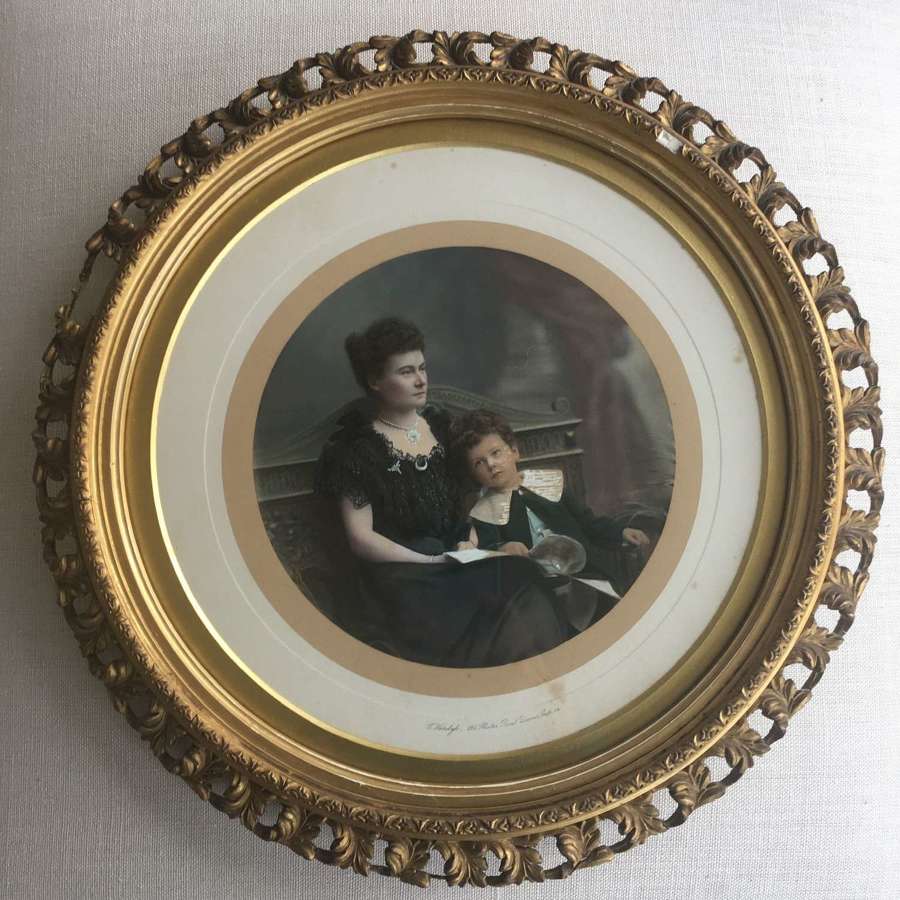 Antique framed hand tinted photograph of mother and son