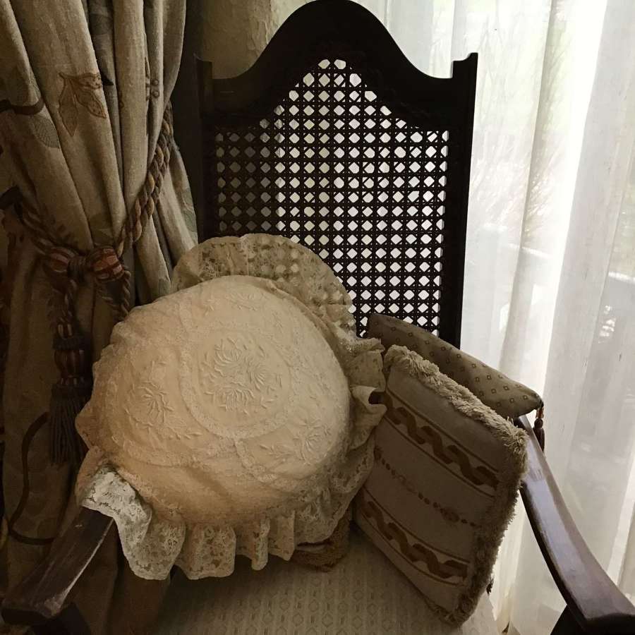 Old French lace round cushion in perfect condition