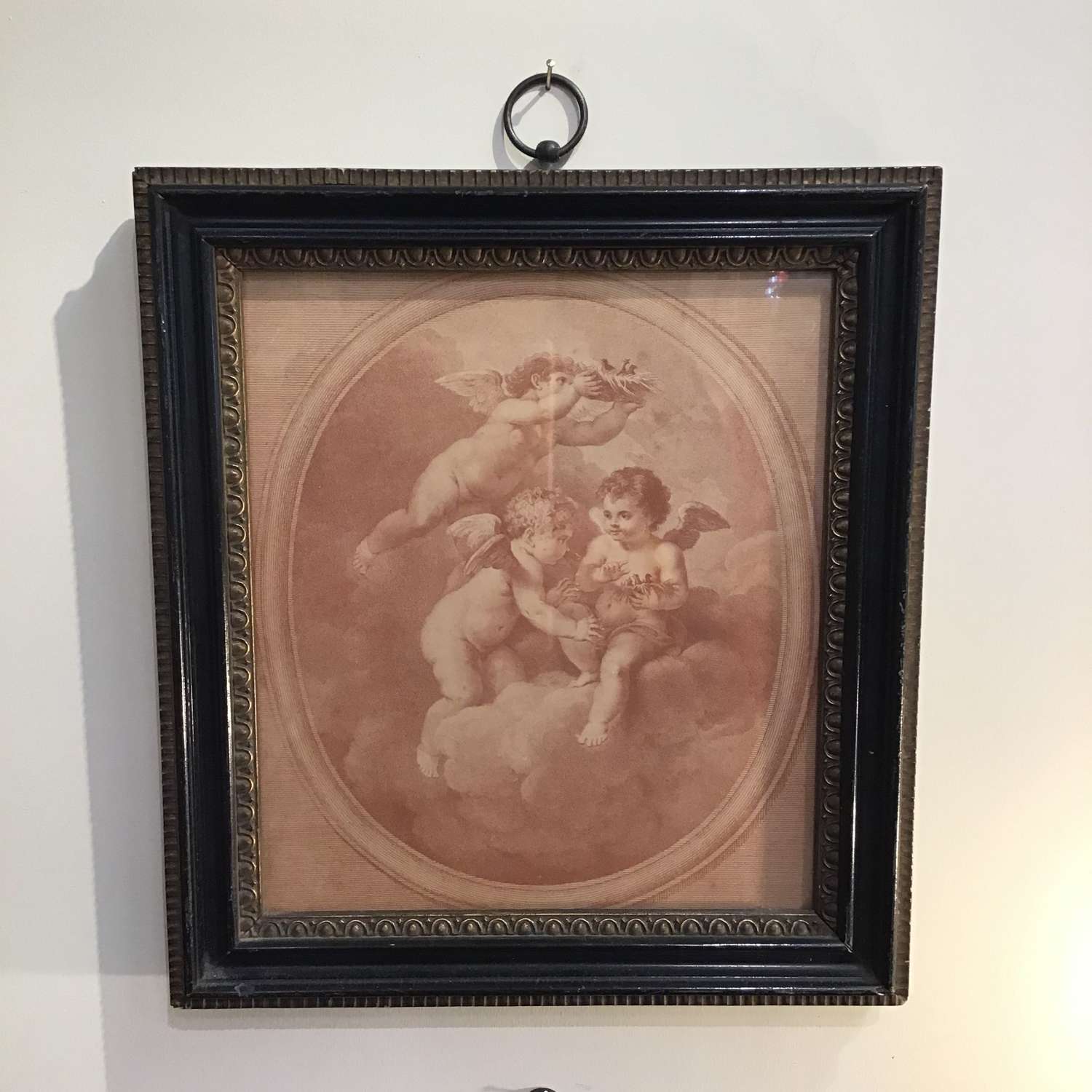 Antique Bartolozzi print of cherubs with birds in lovely antique frame