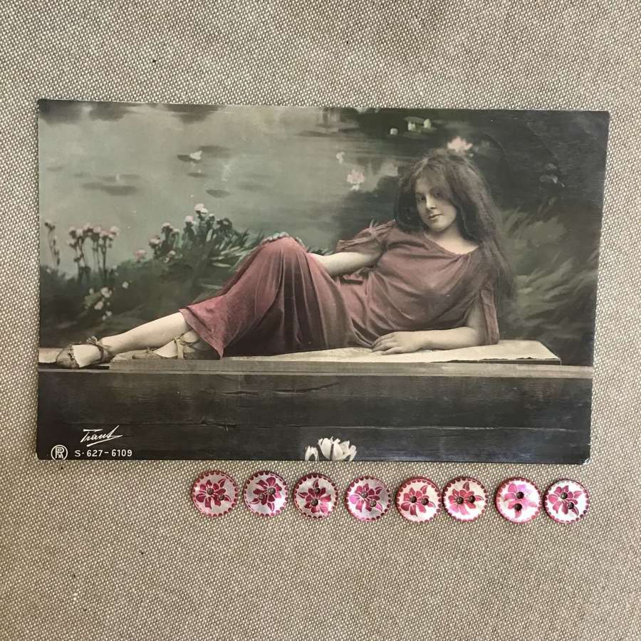 Antique unused hand tinted photograph postcard with mop buttons
