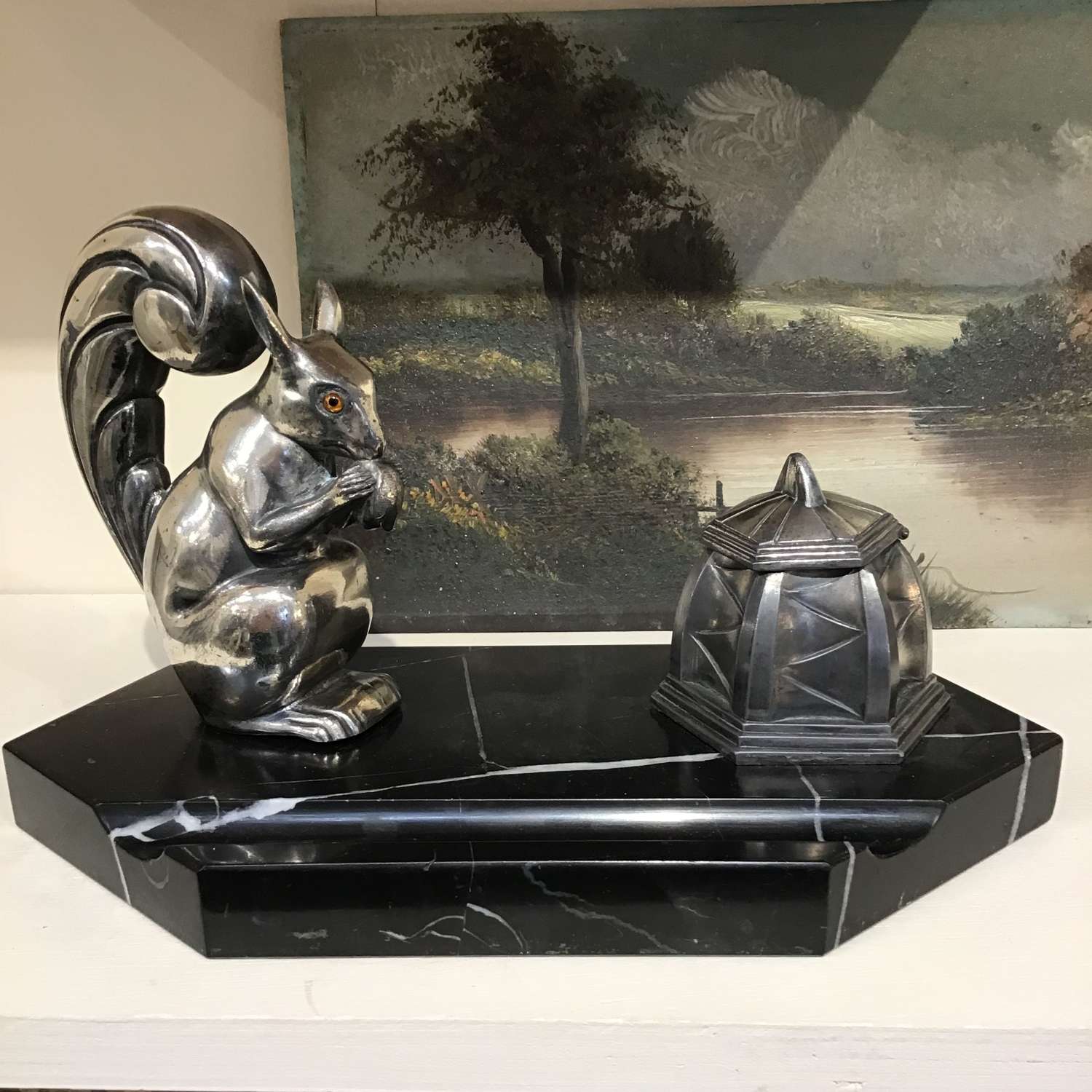 Art Deco squirrel inkwell on marble base
