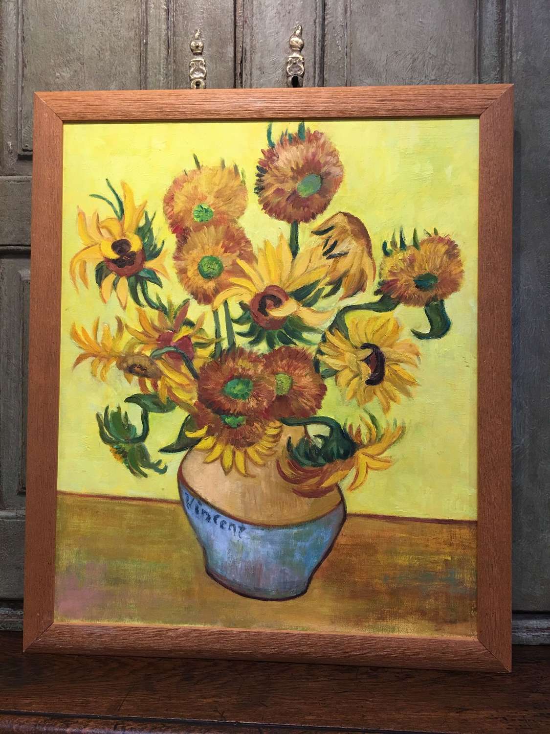 Framed vintage copy of Van Gogh sunflowers in oil