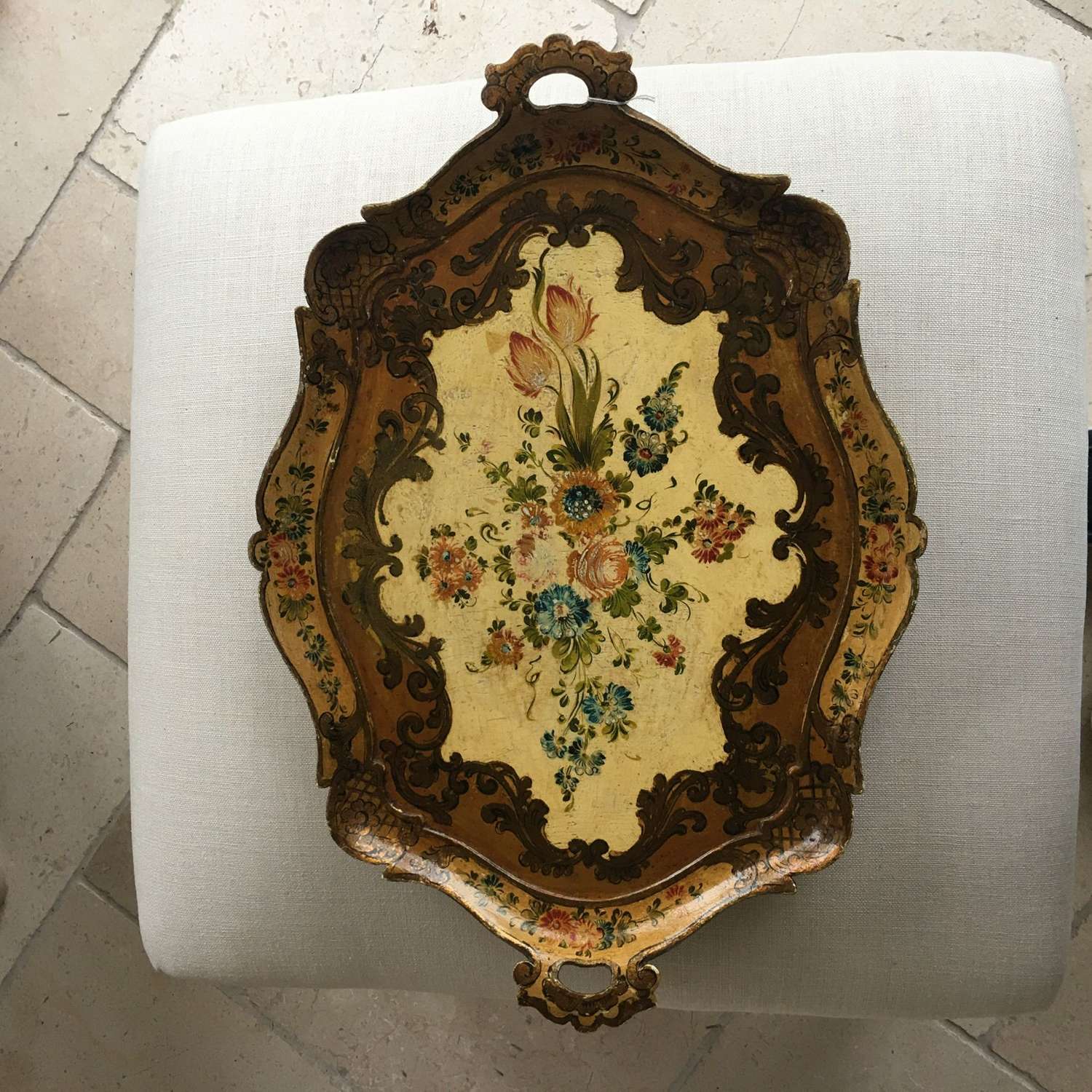 A vintage Continental hand painted large size wooden tray