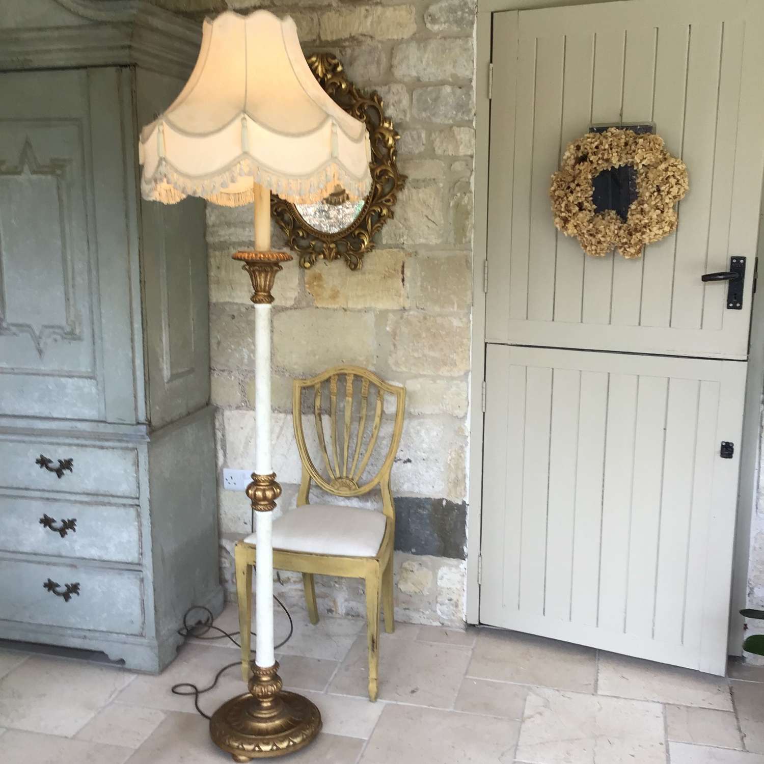 Vintage French wooden cream and gold standard lamp