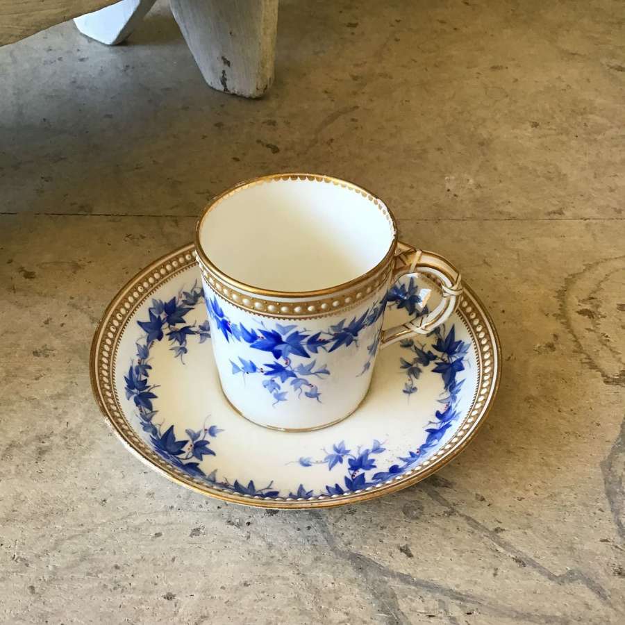 Antique Royal Worcester blue and white ivy coffee can and saucer