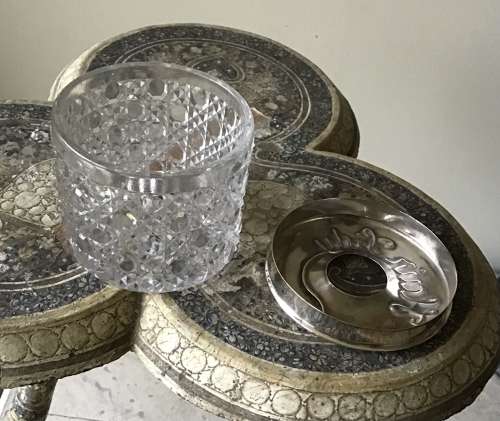 Victorian hobnail glass and silver plate hair tidy
