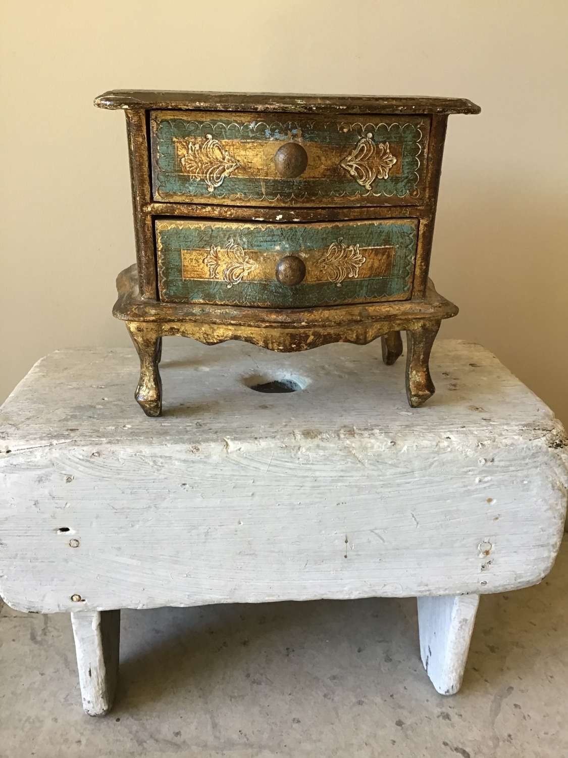 Blue green gilded Florentine miniature chest of drawers