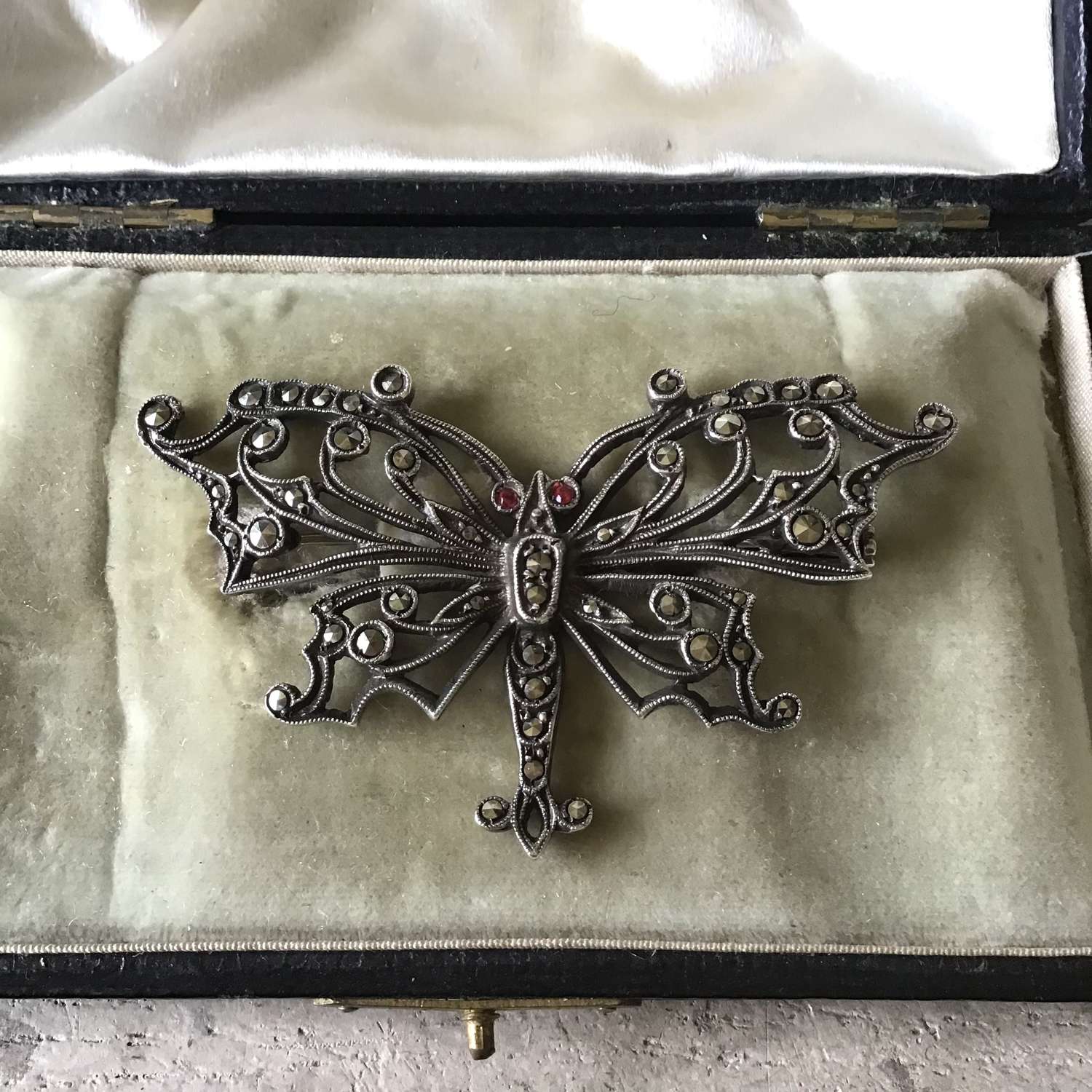 Art Deco French silver and marcasite butterfly brooch c 1925