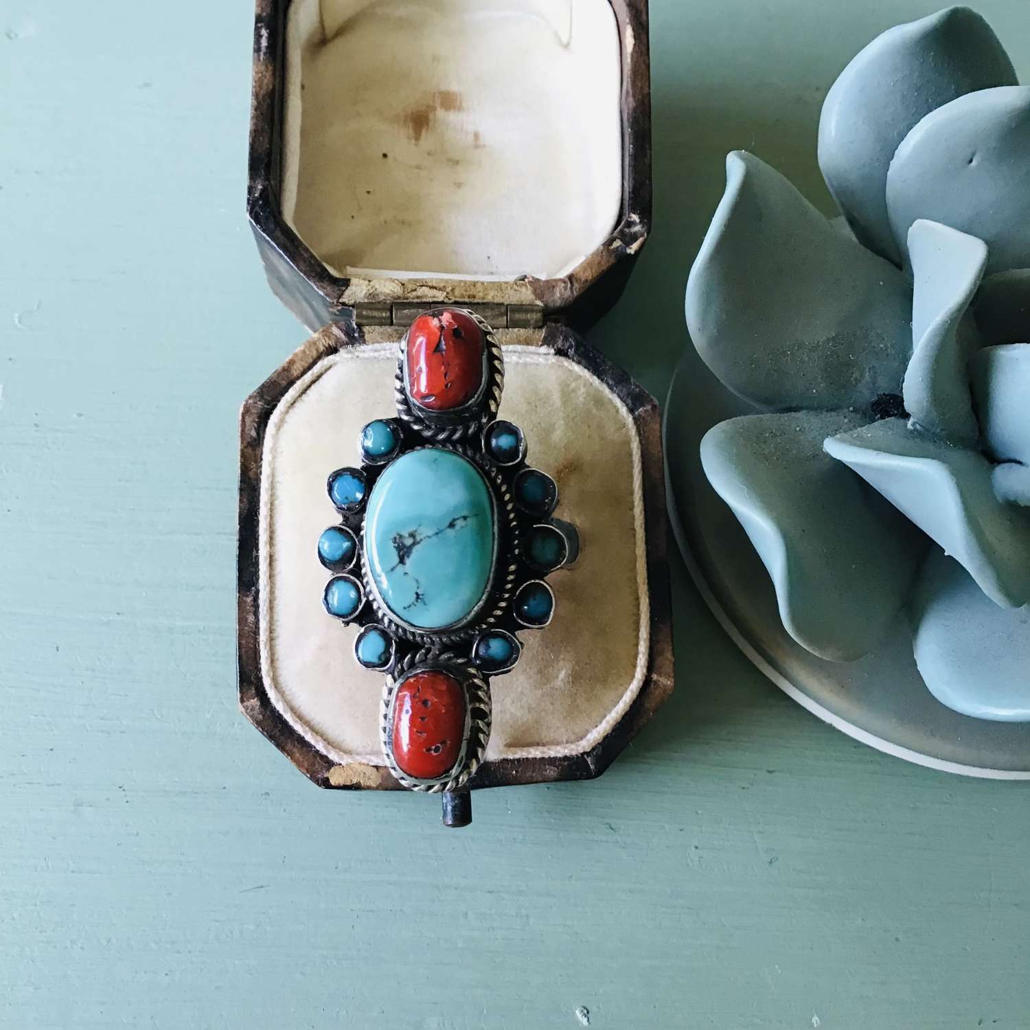 Native American silver ring with turquoise and coral