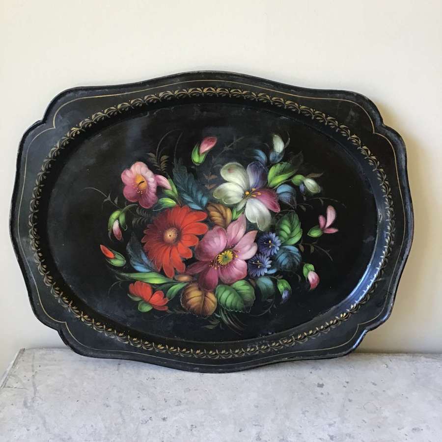 Vintage toleware tray black with floral design